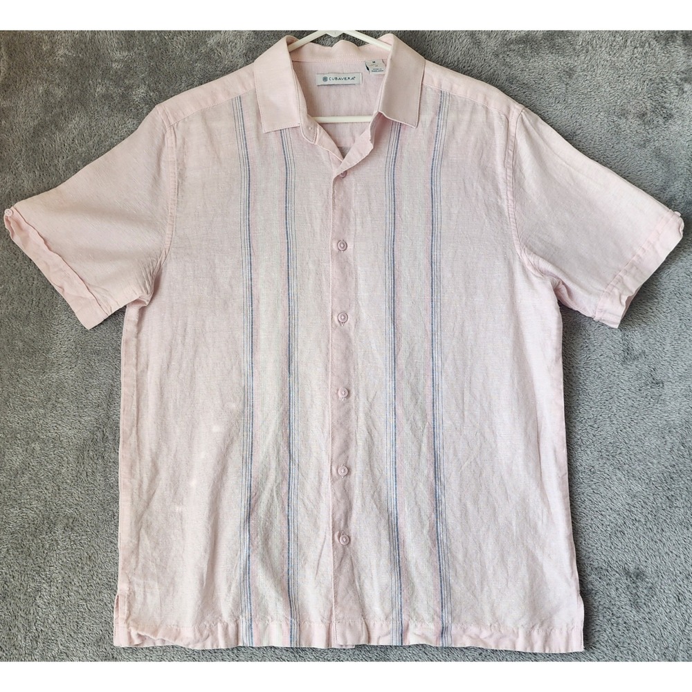 Cubavera Shirt Mens Medium Pink Blue Stripe Linen Cotton Button Down Causal
